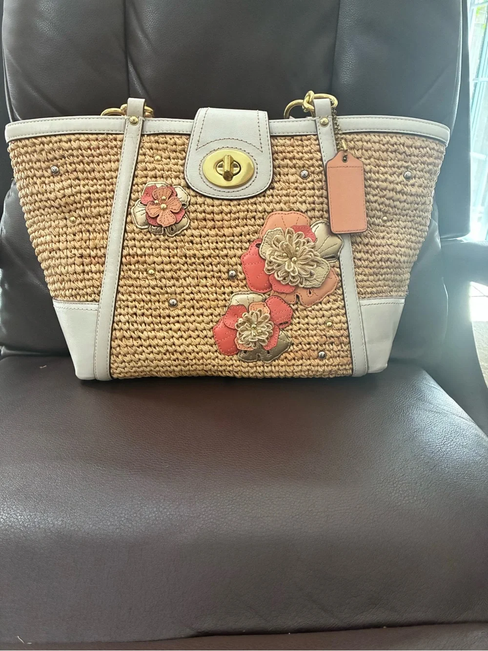 Coach Straw Shoulder Tote with White Trim and Coral Floral Appliqué